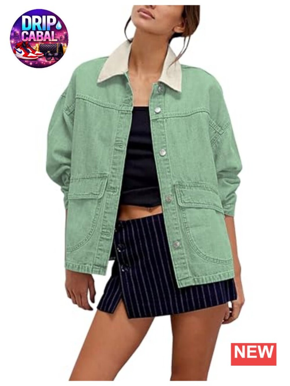 Oversized Denim Jacket Contrast Trim Button Down Lightweight